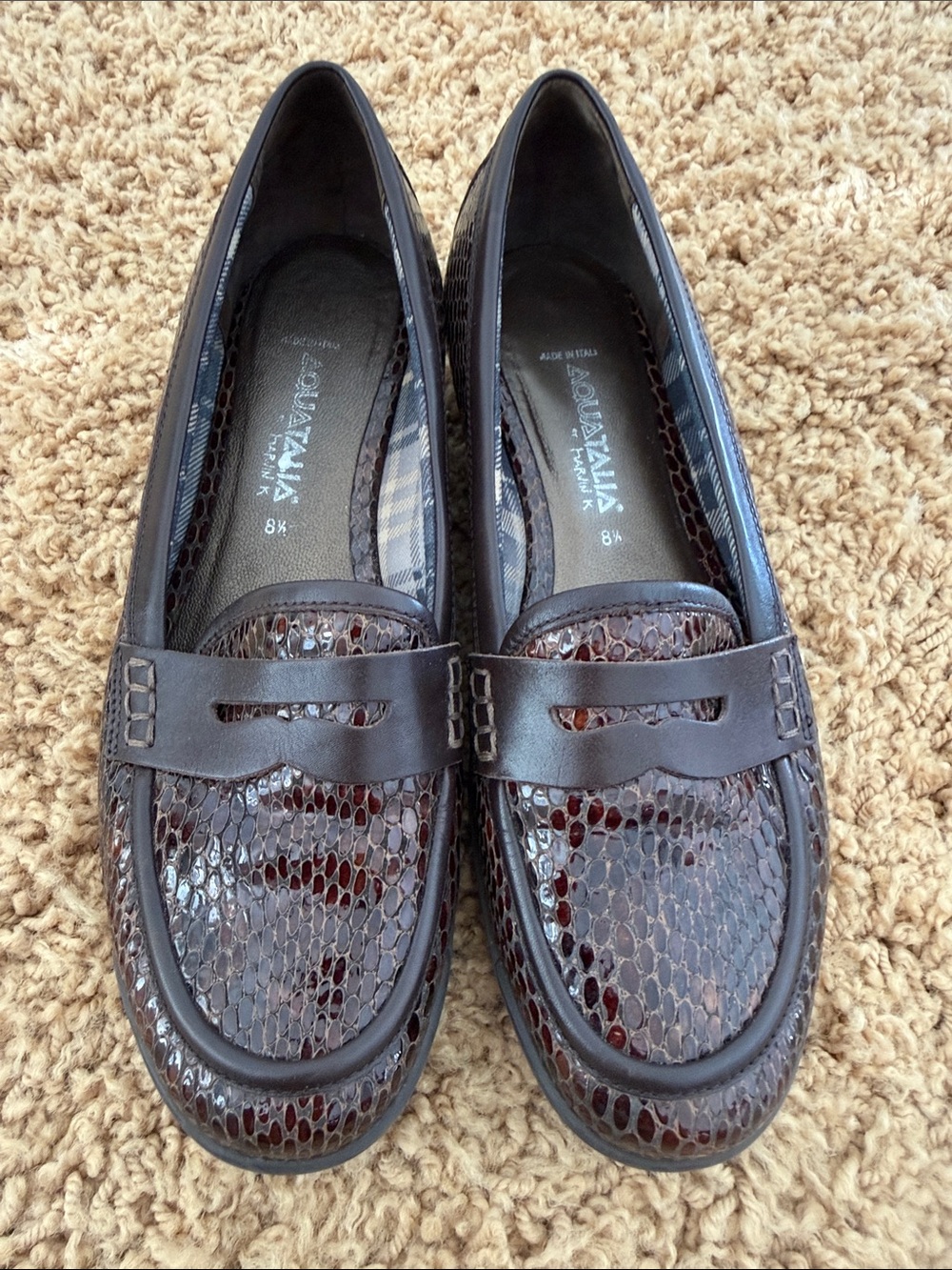 Aquatalia Dark Brown Snake-Embossed Leather Penny Loafers